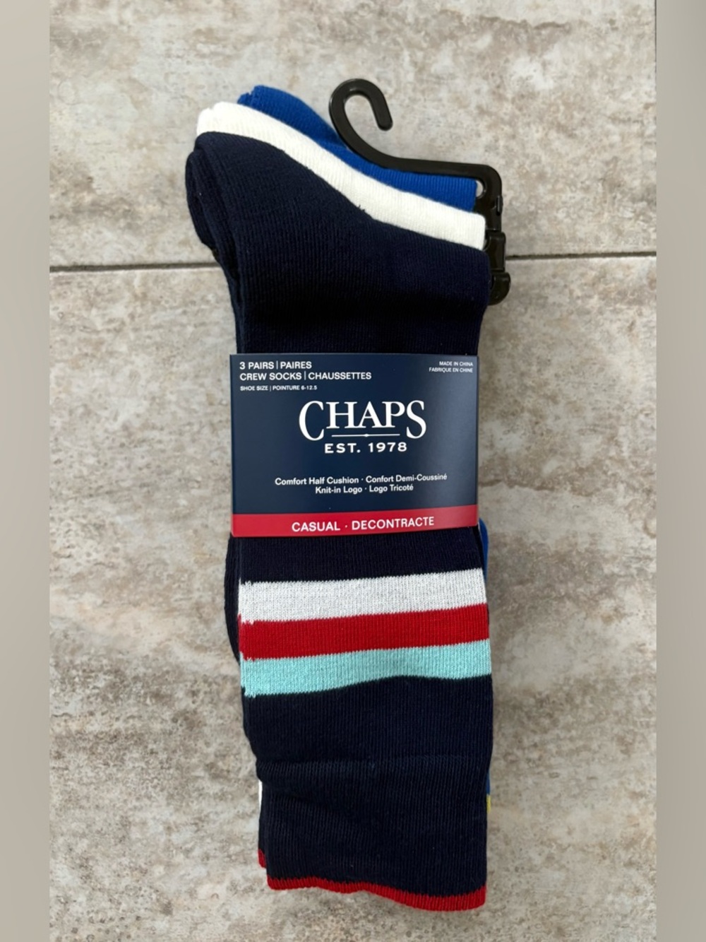 Chaps Men's Crew Socks - Navy, White, Red & Light Blue (3 Pack)
